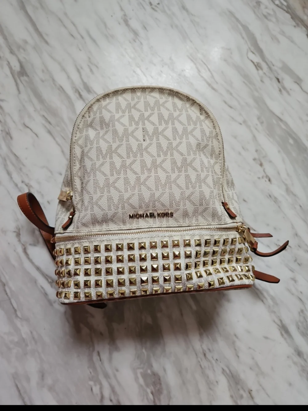 Michael Kors Cream Logo Mini Backpack with Gold Studs